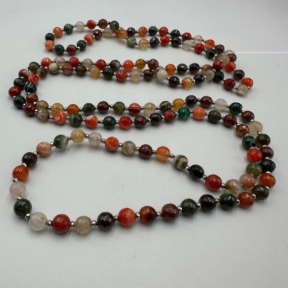 Multicolor Agate Gemstone Necklace Faceted Round Beads Polished Long 60 Inch - Picture 8 of 12